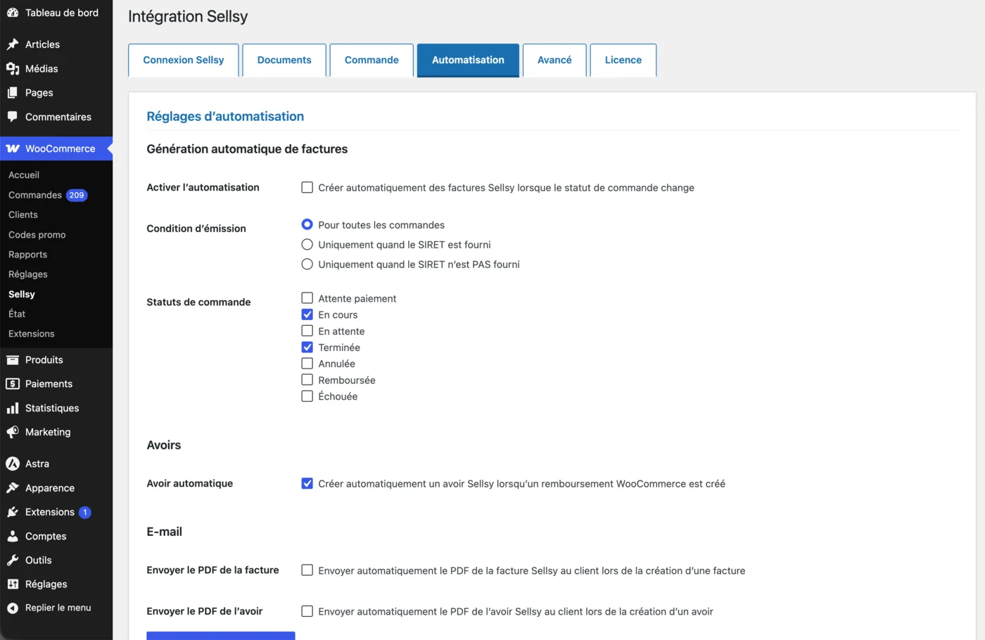 Onglet Automatisation : génération automatique des factures, condition d'émission, statuts de commande, avoir automatique et envoi des PDF par e-mail