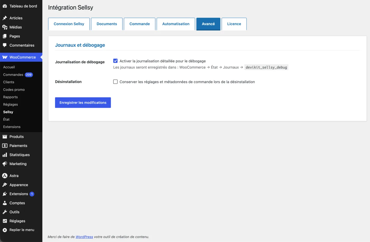 Onglet Avancé : activation de la journalisation détaillée pour le débogage et option de conservation des réglages