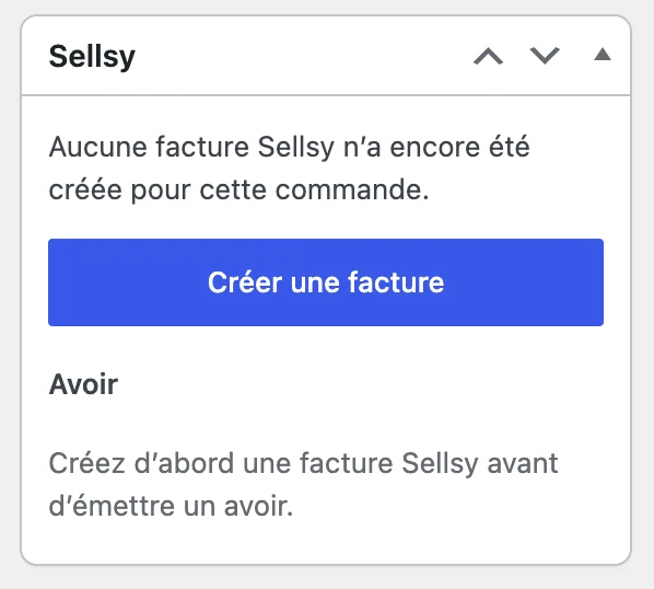 Bloc Sellsy dans une commande sans facture : message Aucune facture Sellsy n'a encore été créée, bouton Créer une facture et section Avoir