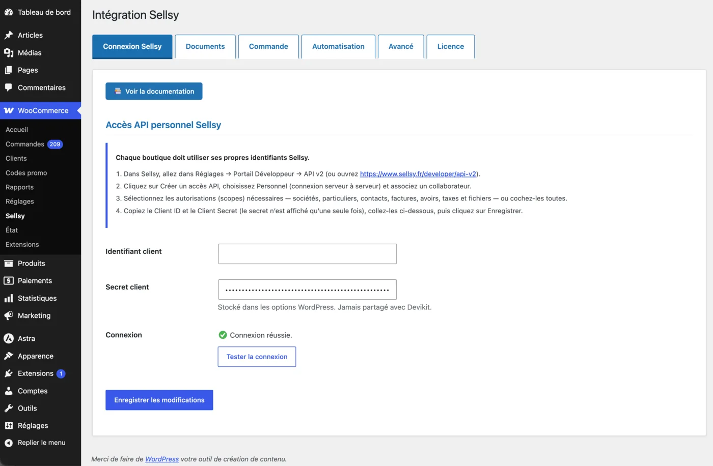 Onglet Connexion Sellsy : Identifiant client, Secret client, bouton Tester la connexion et instructions de création de l'accès API personnel