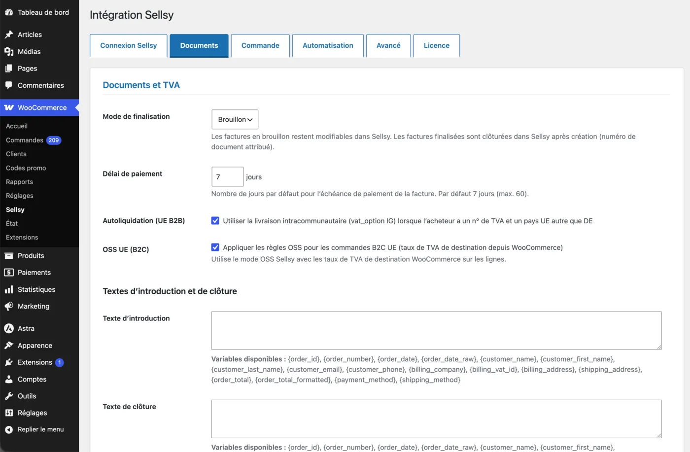 Onglet Documents : mode de finalisation, délai de paiement, autoliquidation UE B2B, OSS UE B2C et textes d'introduction et de clôture
