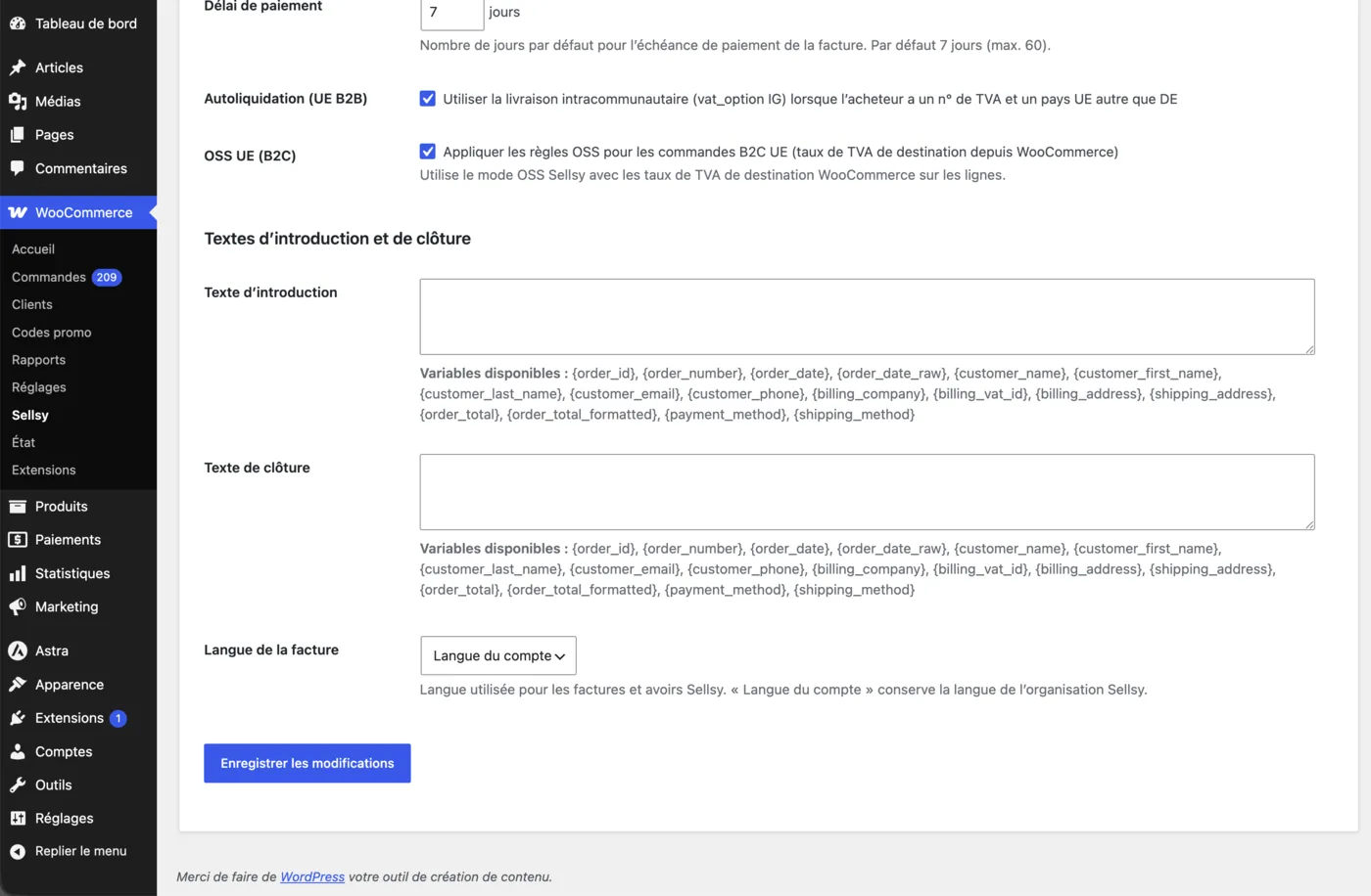 Onglet Documents : textes d'introduction et de clôture avec variables de commande et langue de la facture